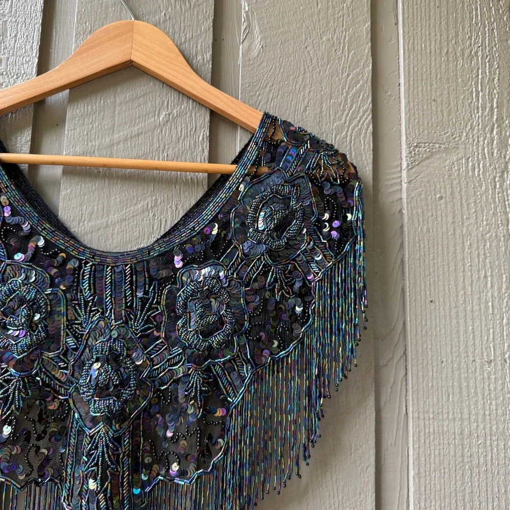Vintage Beaded Fringe Capelet Shawl Womens Iridescent Floral One Size Black